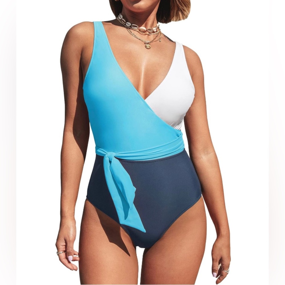 Cupshe Women's One Piece Swimsuit Wrap Color Block Tie Side Bathing Suit Size S